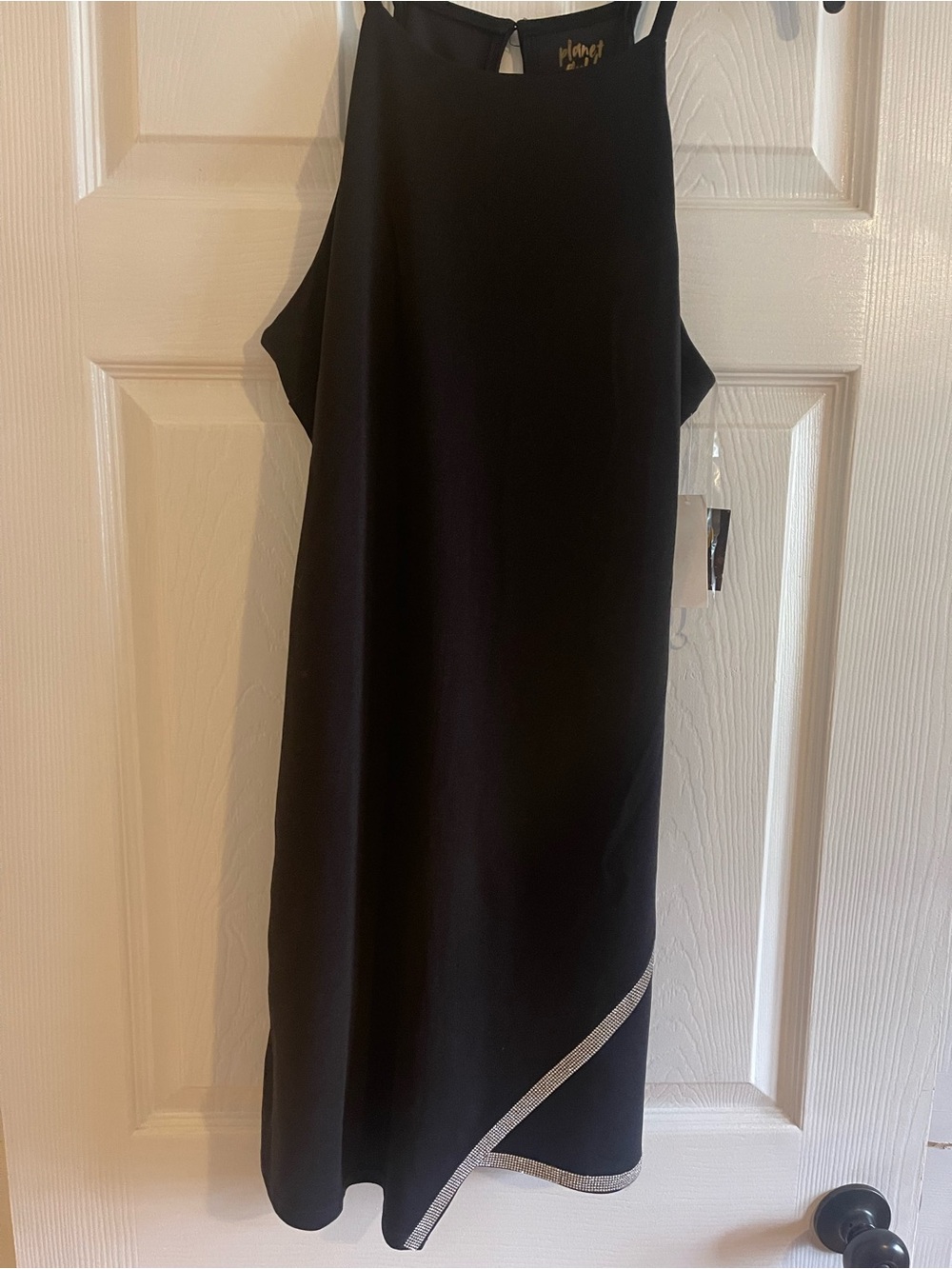Planet Gold Black Midi Halter Dress with Rhinestone Accent